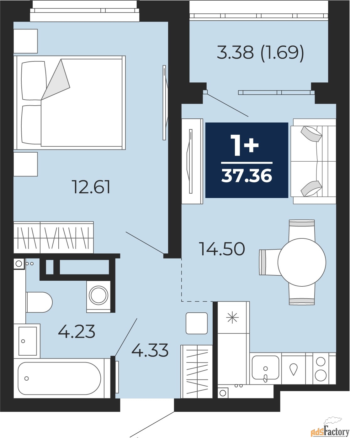1 - комн. квартира, 37.36 м², 15/22 эт.