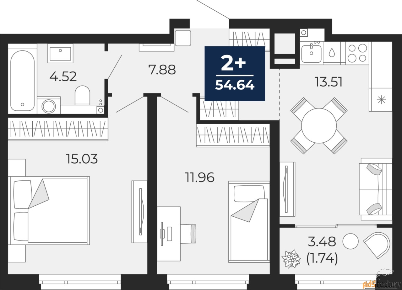 2 - комн. квартира, 54.64 м², 21/22 эт.