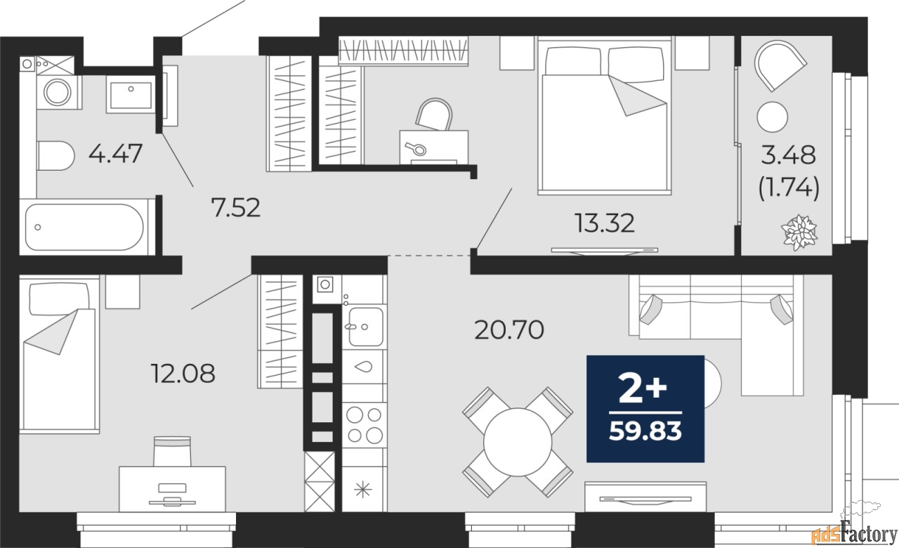 2 - комн. квартира, 59.83 м², 13/14 эт.