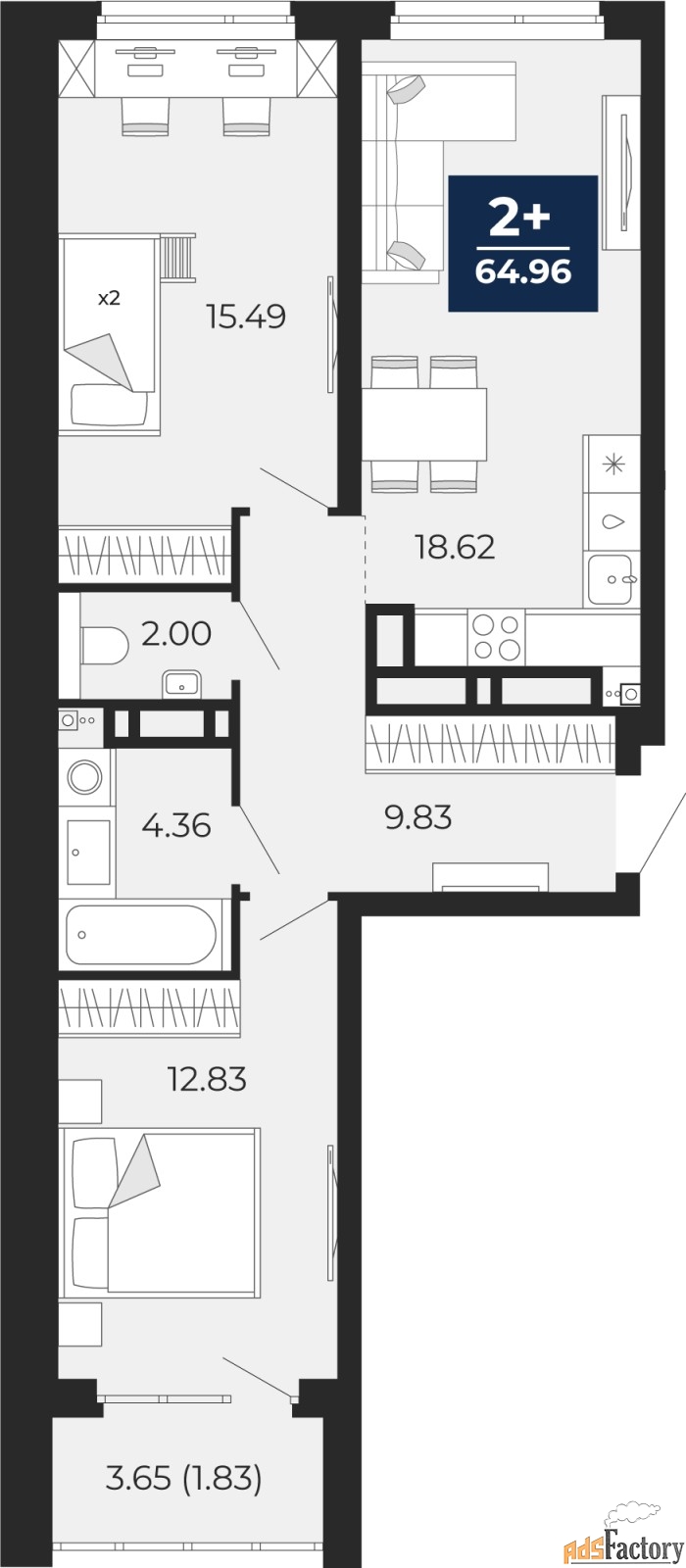 2 - комн. квартира, 64.96 м², 8/23 эт.