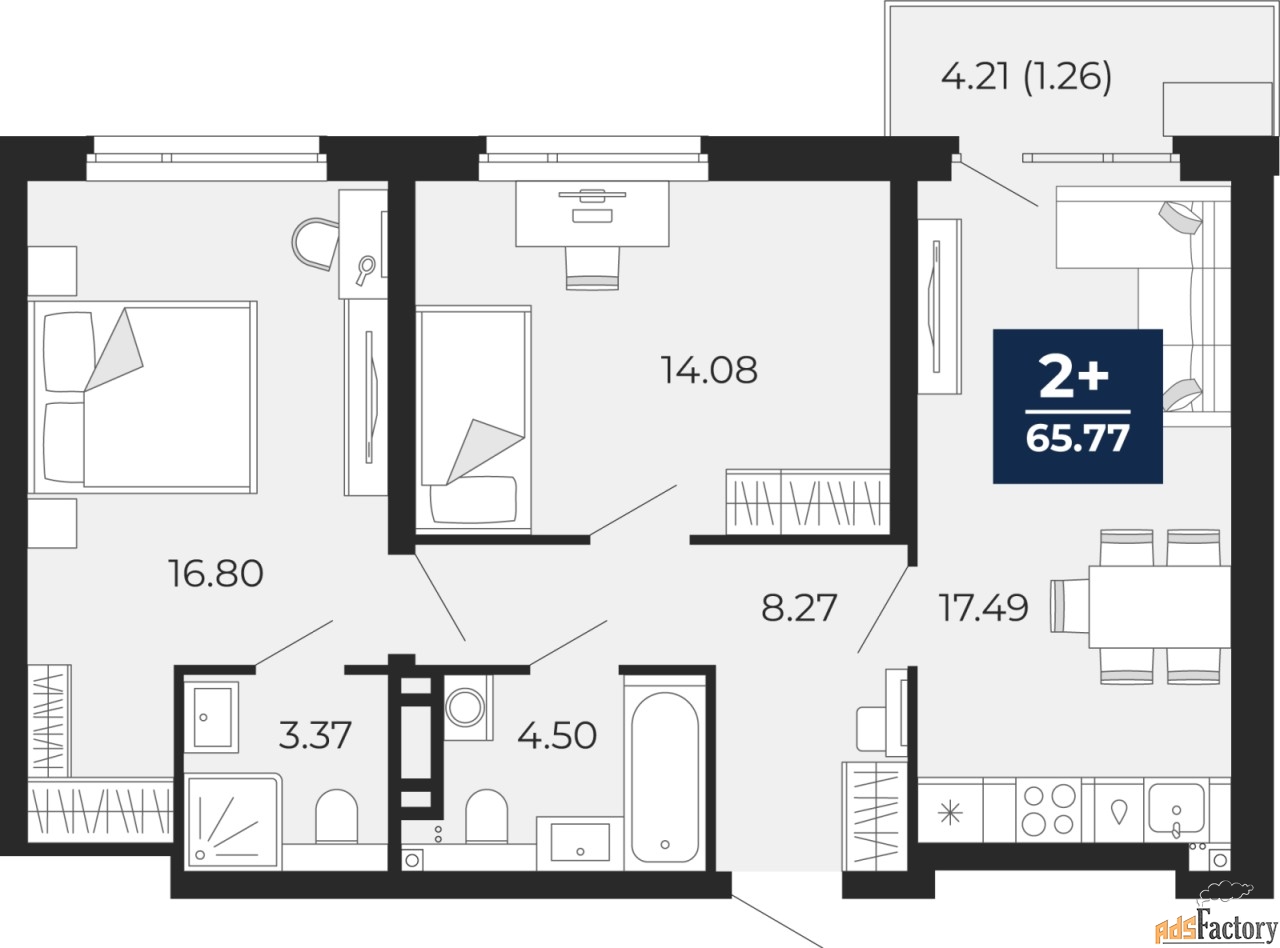 2 - комн. квартира, 65.77 м², 13/22 эт.