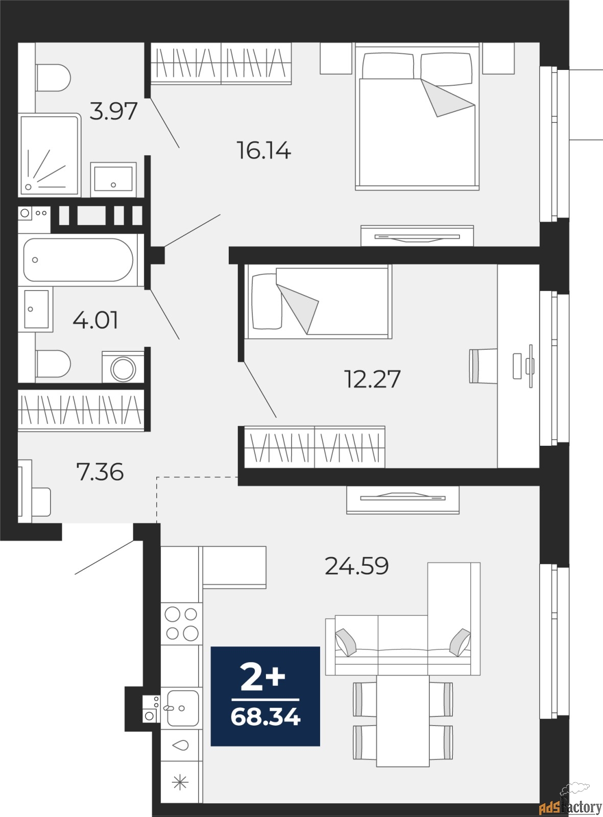 2 - комн. квартира, 68.34 м², 11/22 эт.