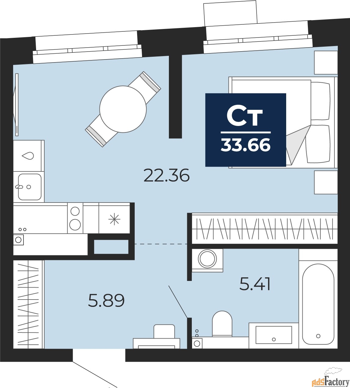 1 - комн. квартира, 33.66 м², 2/23 эт.