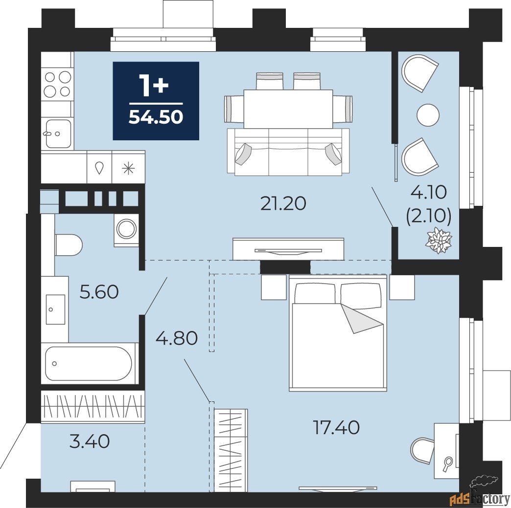 1 - комн. квартира, 54.5 м², 3/18 эт.
