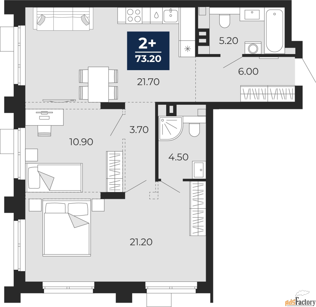 2 - комн. квартира, 73.2 м², 2/18 эт.