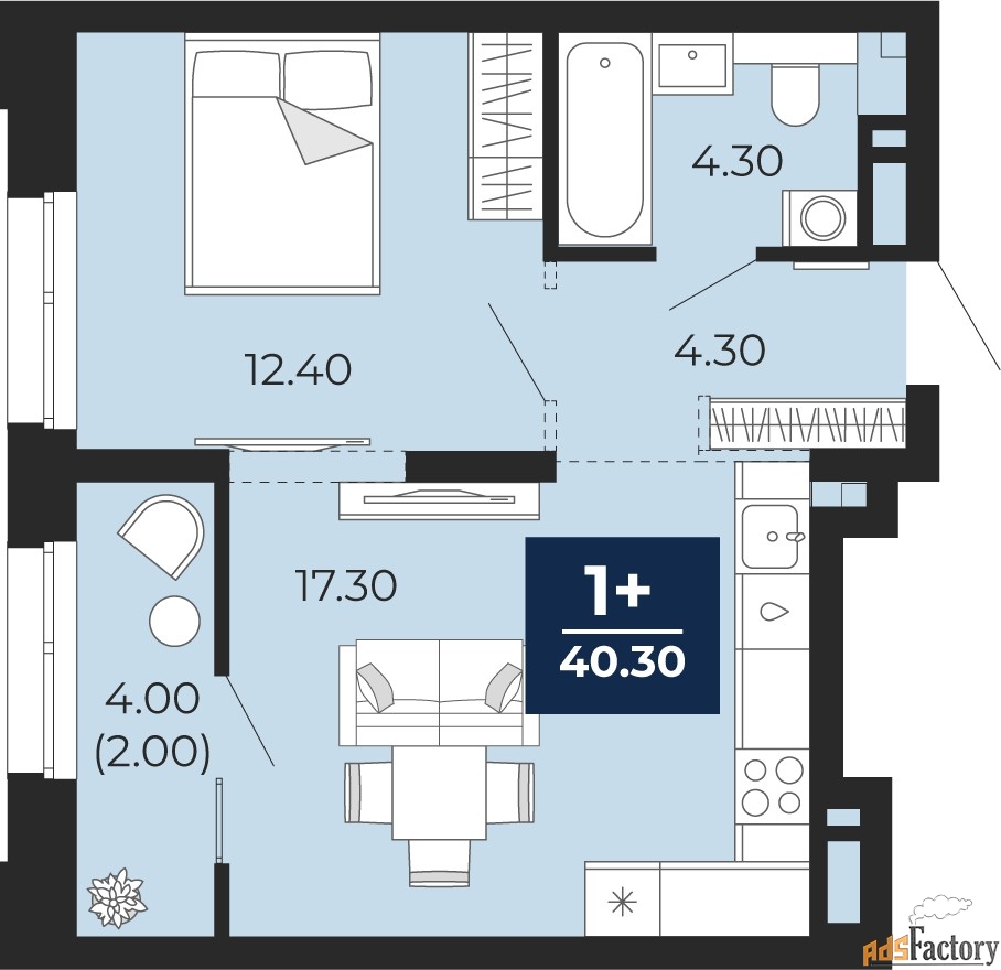 1 - комн. квартира, 40.3 м², 10/24 эт.