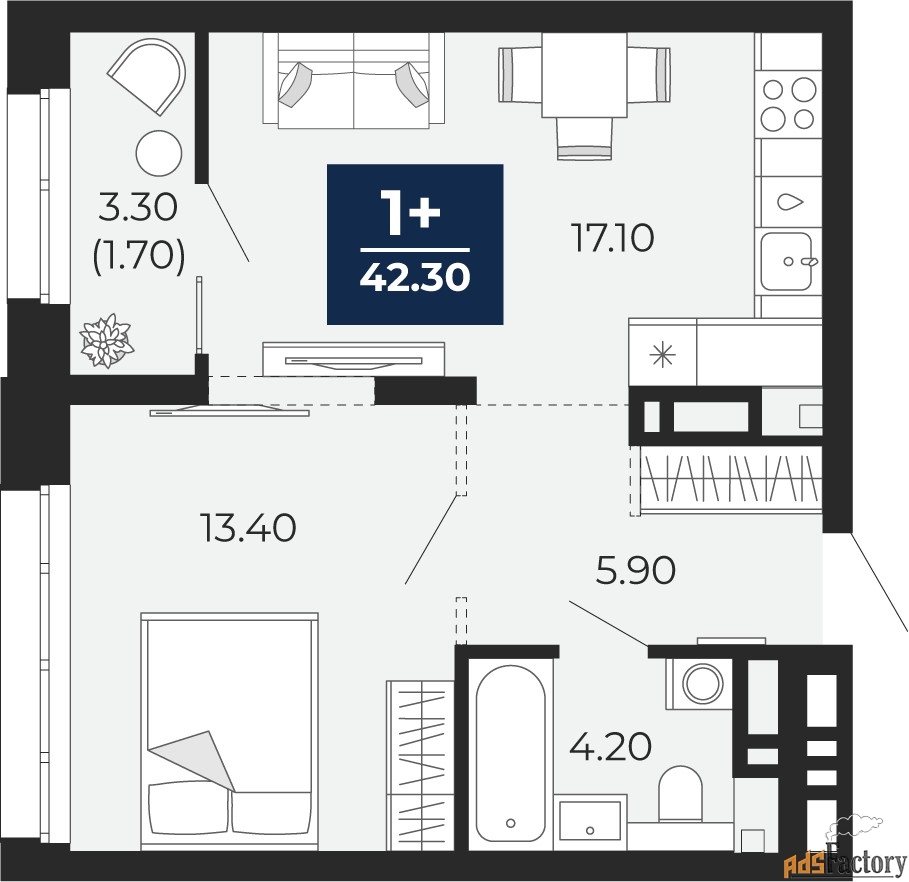 1 - комн. квартира, 42.3 м², 8/24 эт.