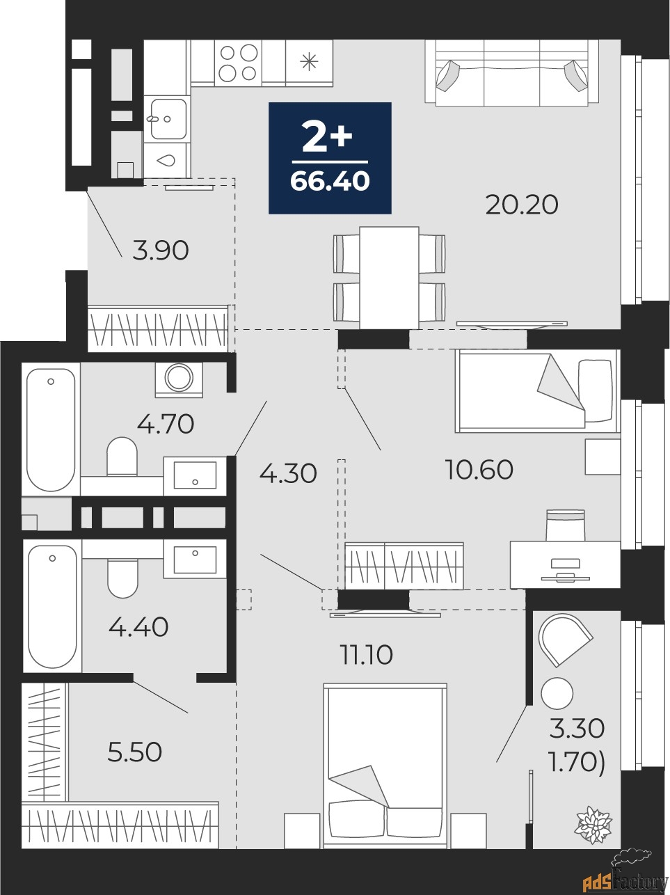 2 - комн. квартира, 66.6 м², 4/24 эт.