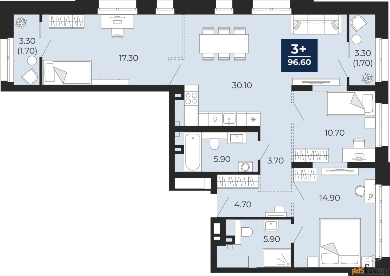 3 - комн. квартира, 96.6 м², 2/24 эт.