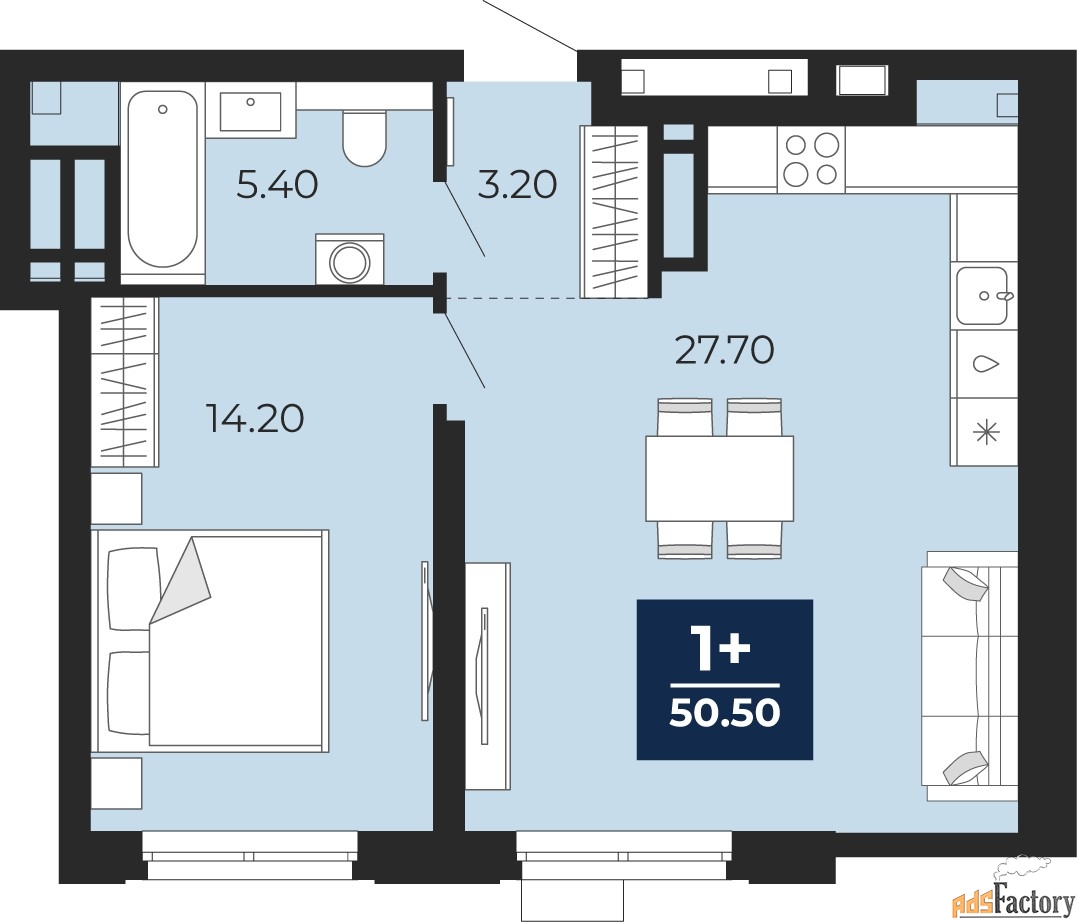1 - комн. квартира, 50.5 м², 17/20 эт.