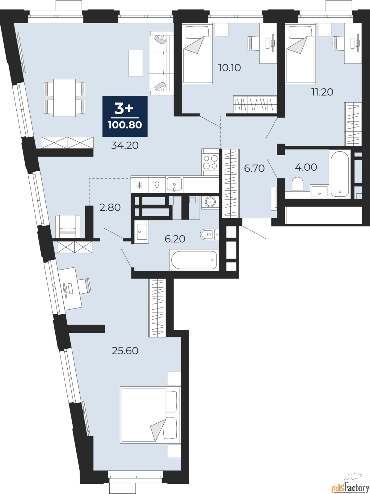 3 - комн. квартира, 100.8 м², 14/20 эт.