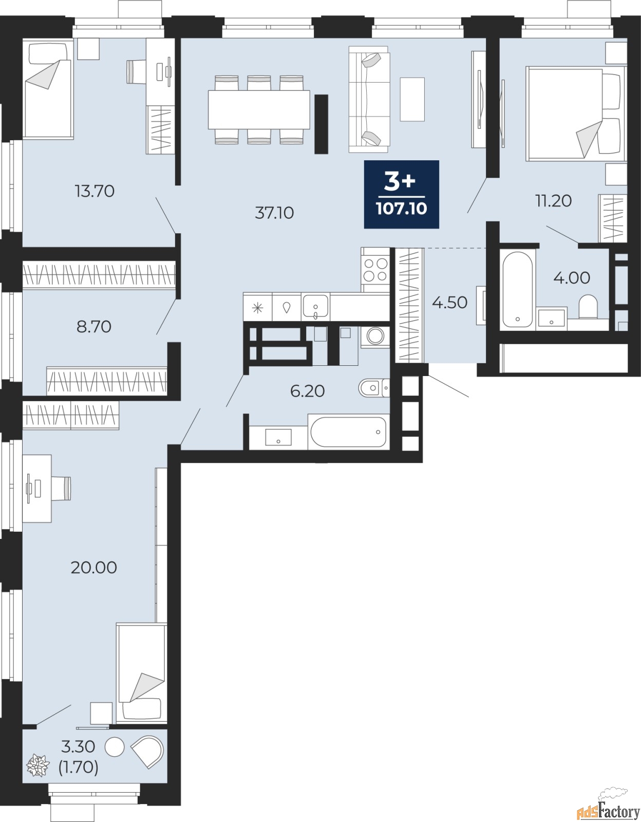 3 - комн. квартира, 107.1 м², 5/20 эт.