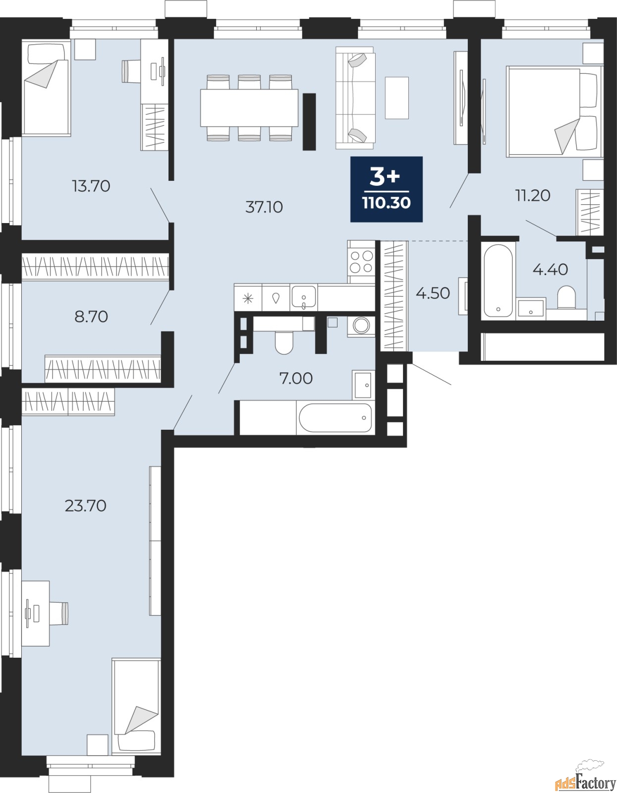 3 - комн. квартира, 110.3 м², 2/20 эт.