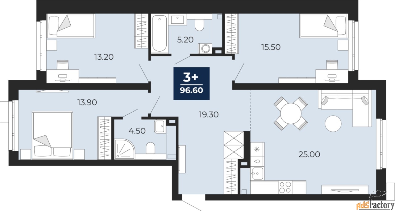 3 - комн. квартира, 96.6 м², 2/18 эт.
