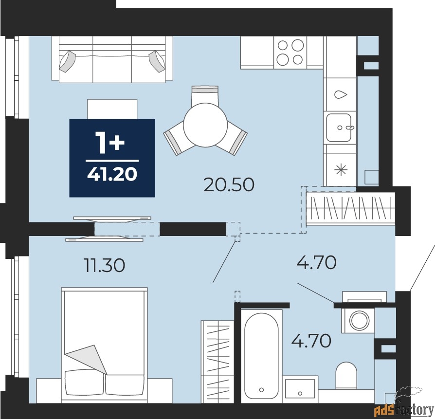 1 - комн. квартира, 41.2 м², 2/14 эт.