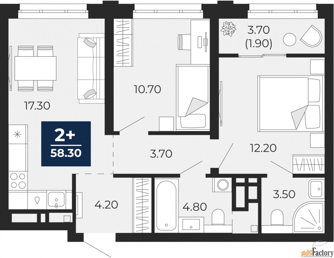 2 - комн. квартира, 58.3 м², 11/24 эт.