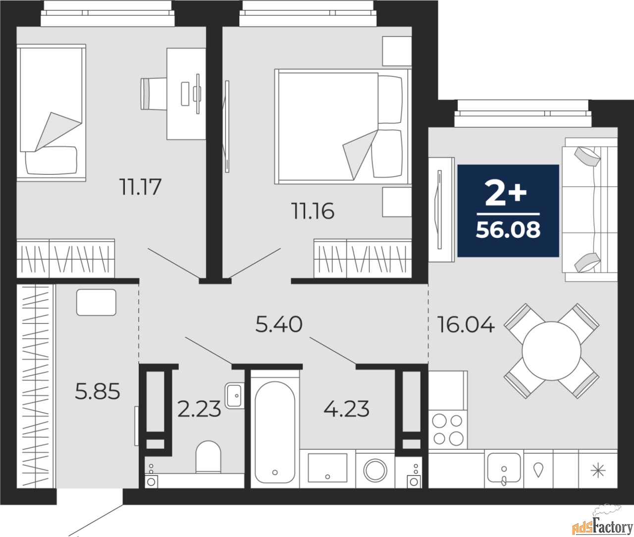 2 - комн. квартира, 56.08 м², 10/21 эт.