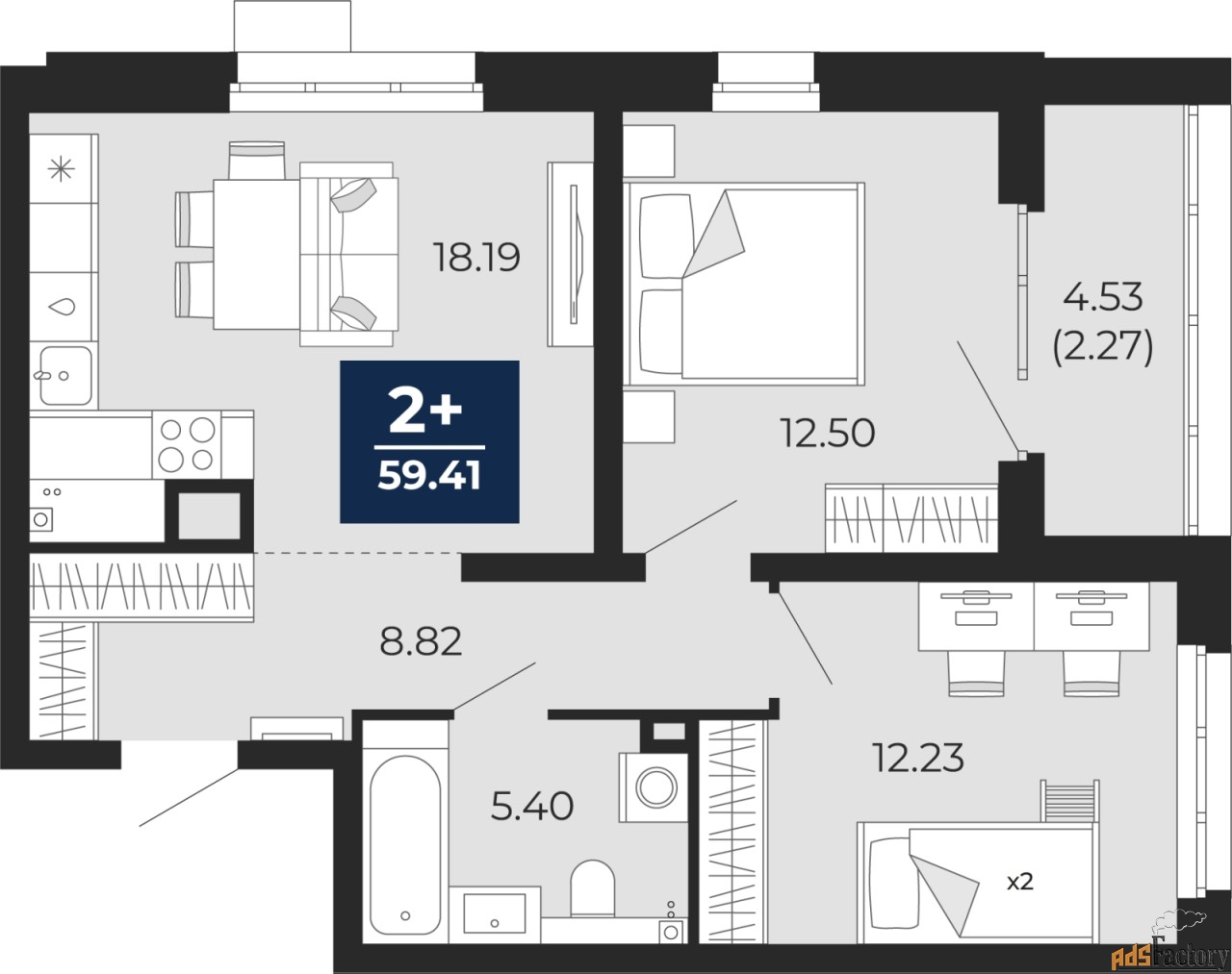 2 - комн. квартира, 59.41 м², 2/21 эт.