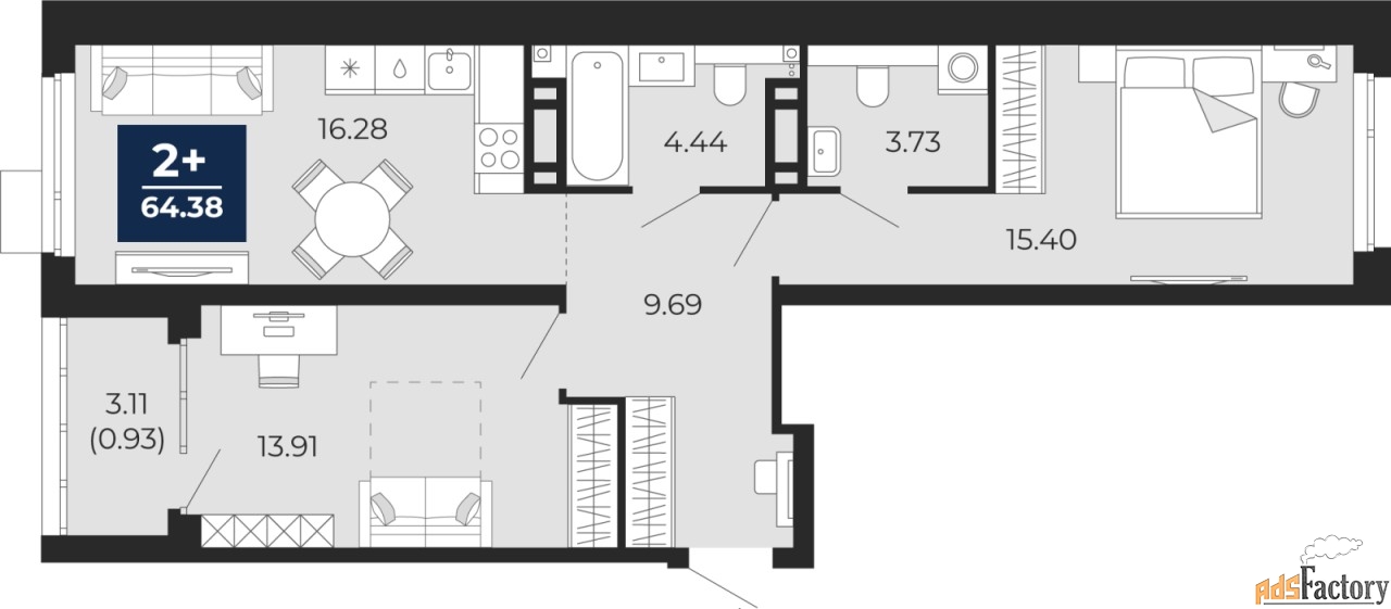 2 - комн. квартира, 64.38 м², 11/14 эт.
