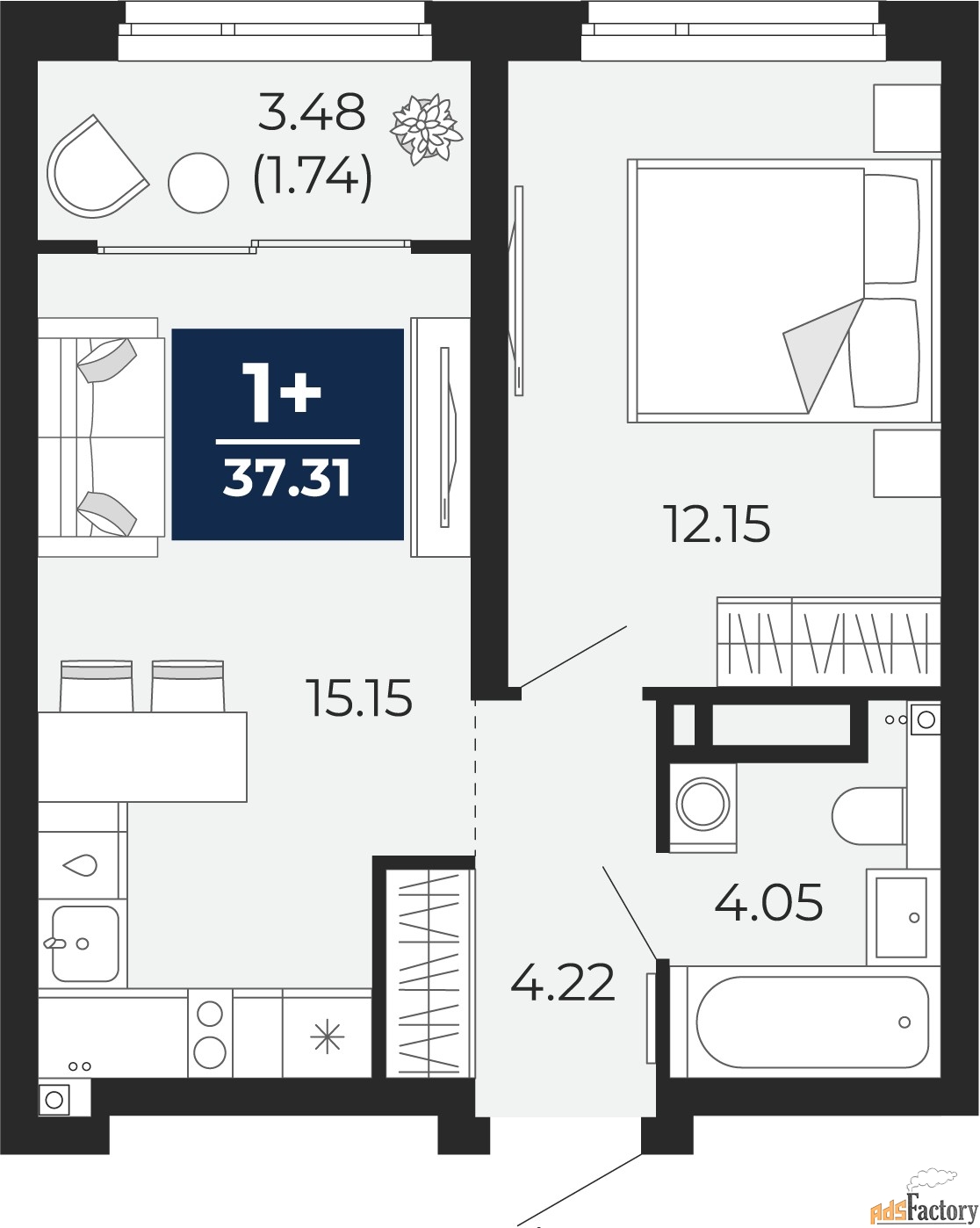 1 - комн. квартира, 37.31 м², 7/22 эт.