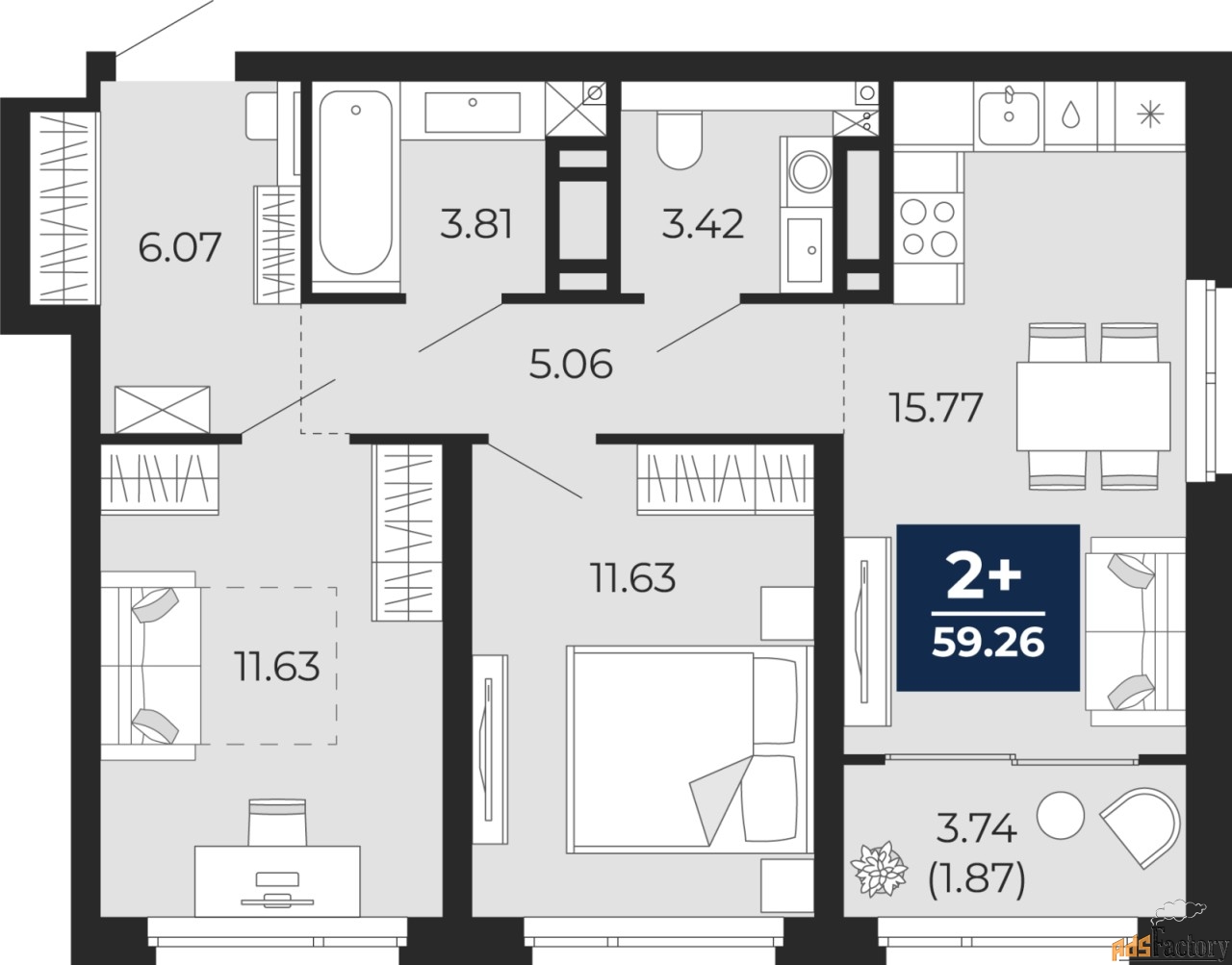 2 - комн. квартира, 59.26 м², 11/22 эт.