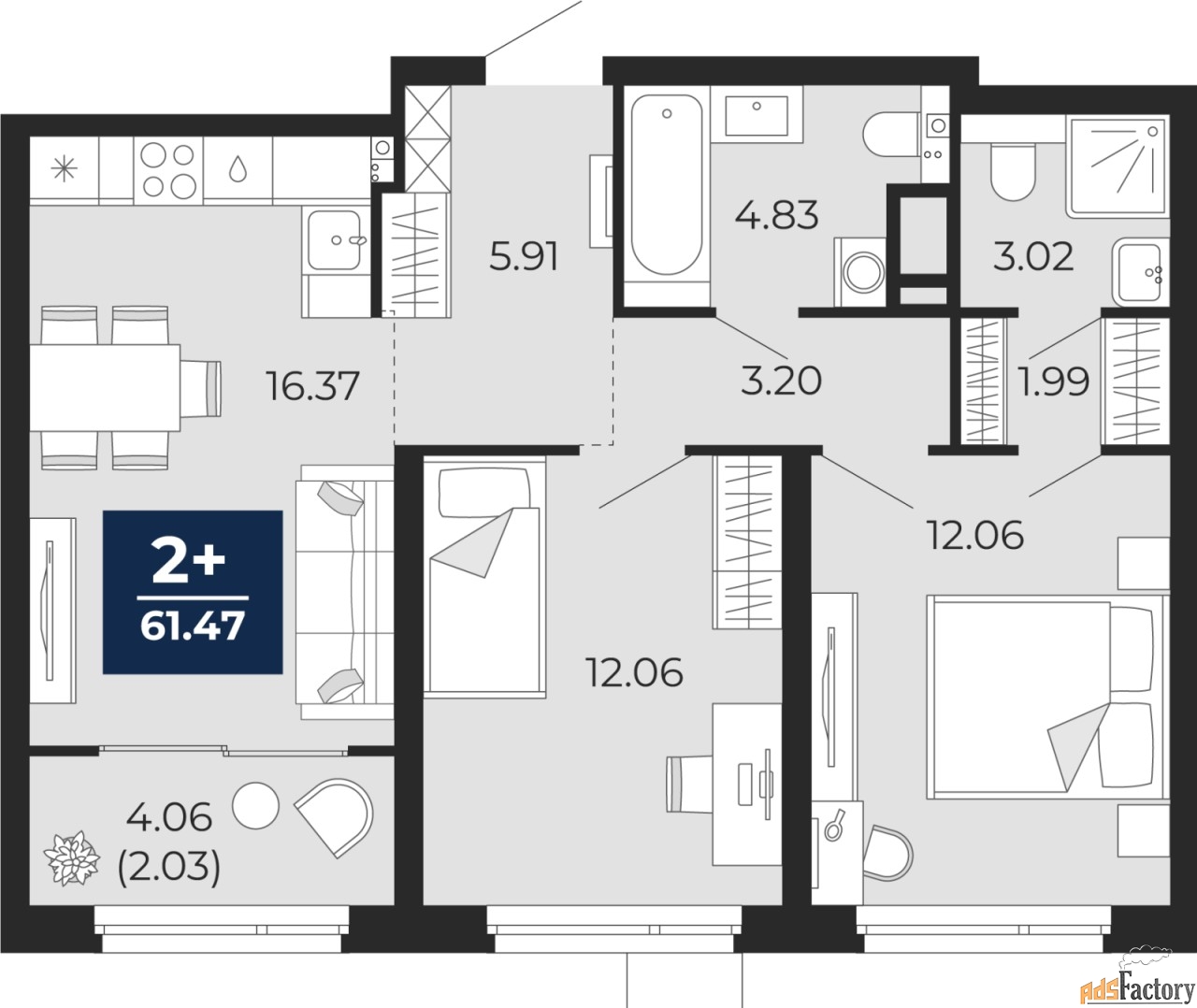2 - комн. квартира, 61.47 м², 11/22 эт.