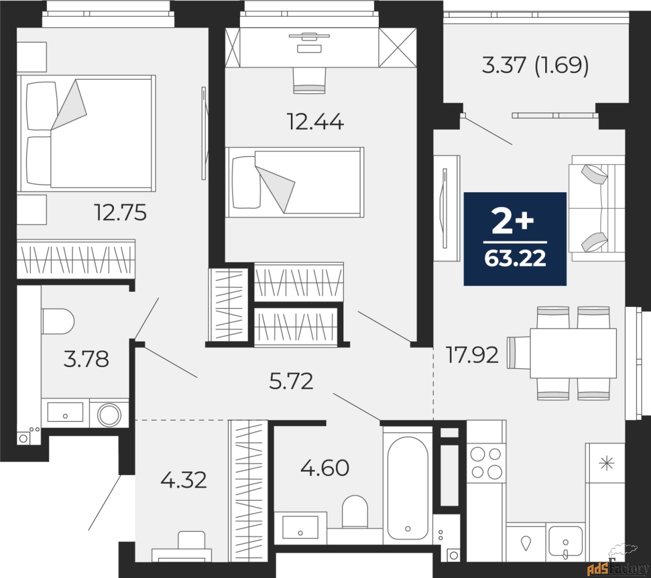 2 - комн. квартира, 63.22 м², 7/22 эт.