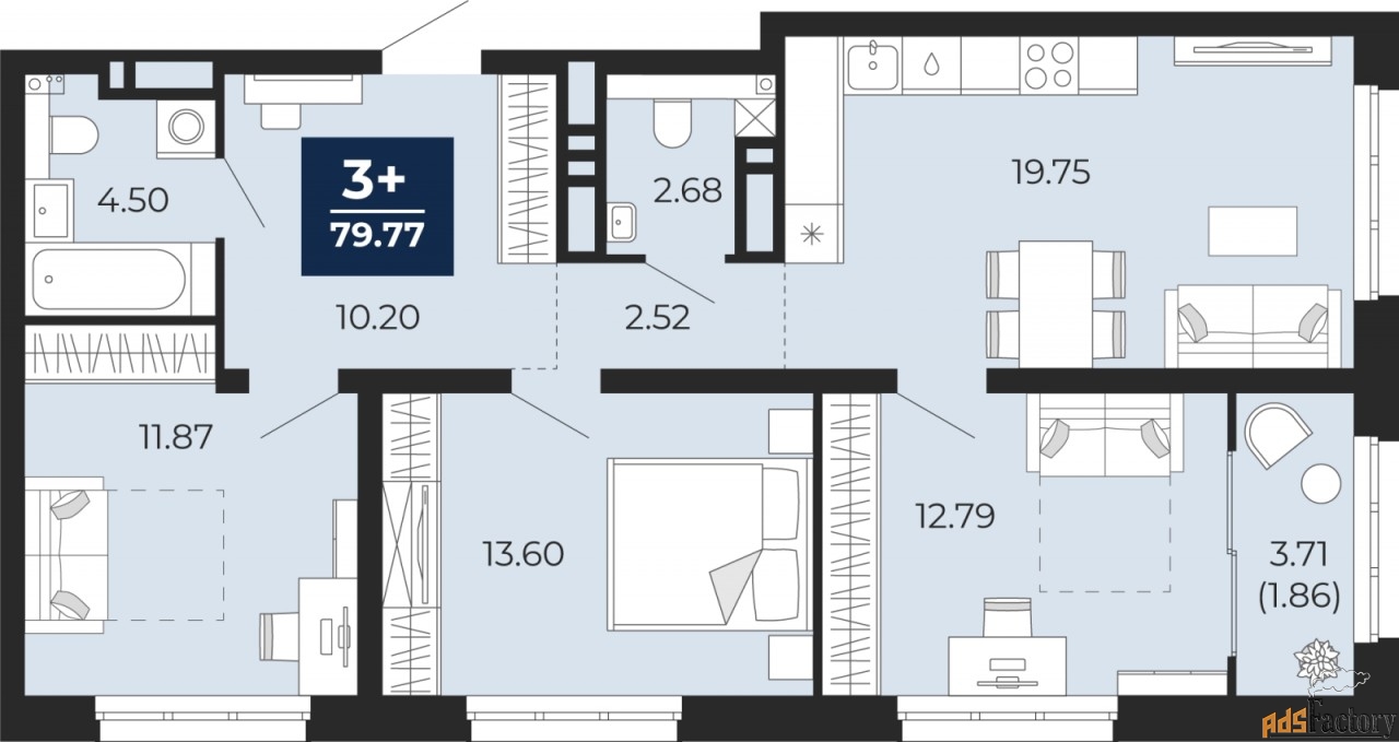3 - комн. квартира, 79.77 м², 11/21 эт.