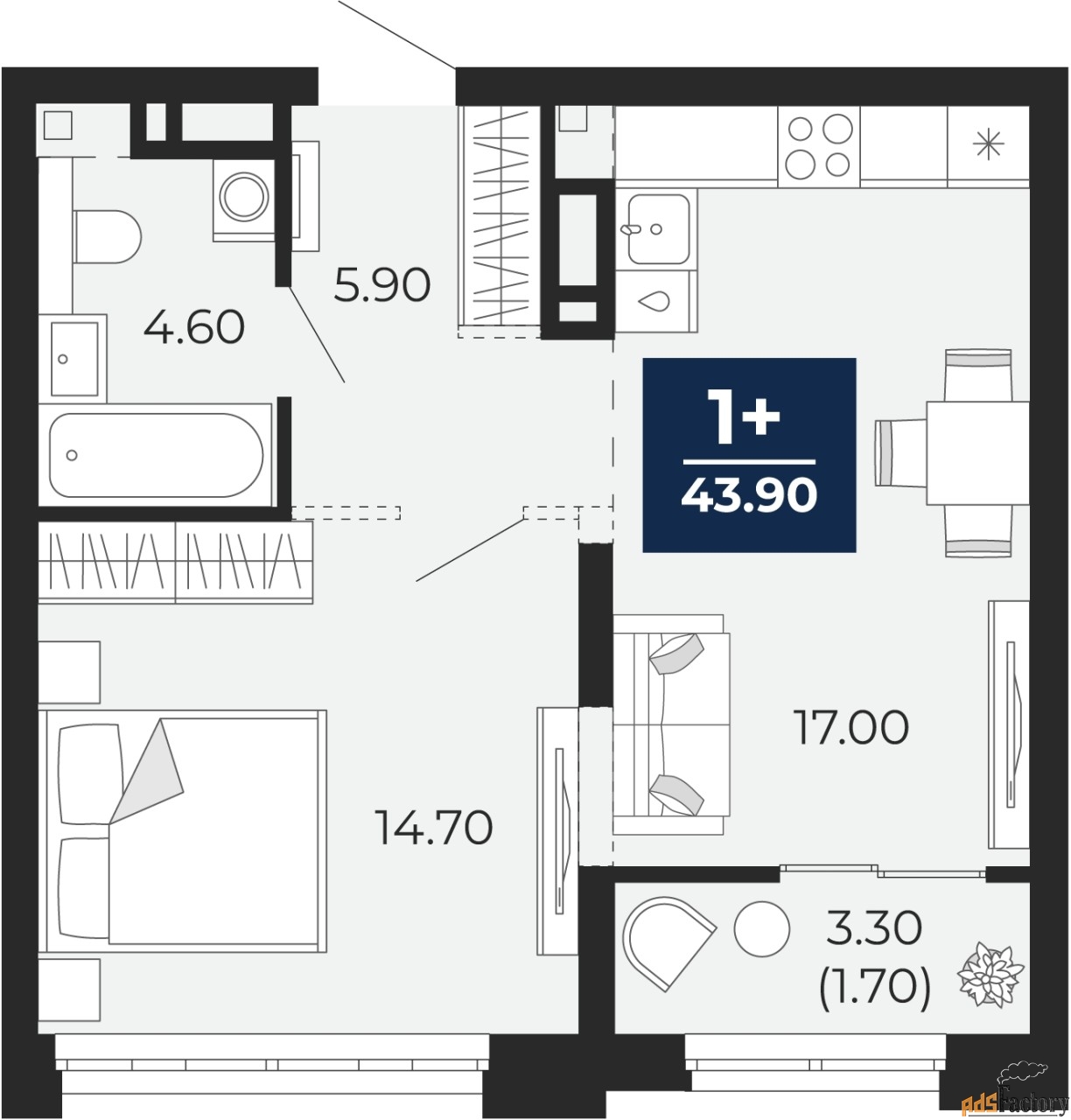 1 - комн. квартира, 43.9 м², 11/18 эт.