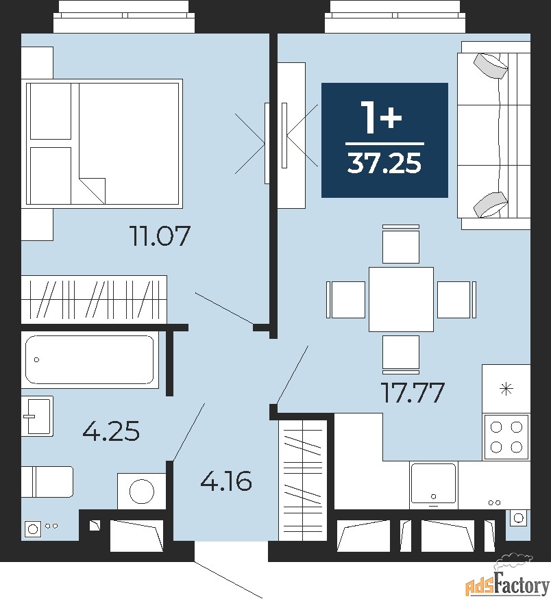 1 - комн. квартира, 37.25 м², 3/24 эт.
