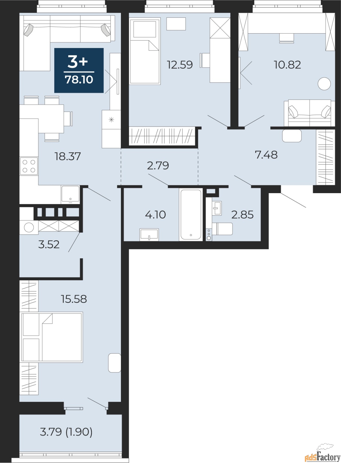 1 - комн. квартира, 49.57 м², 11/12 эт.