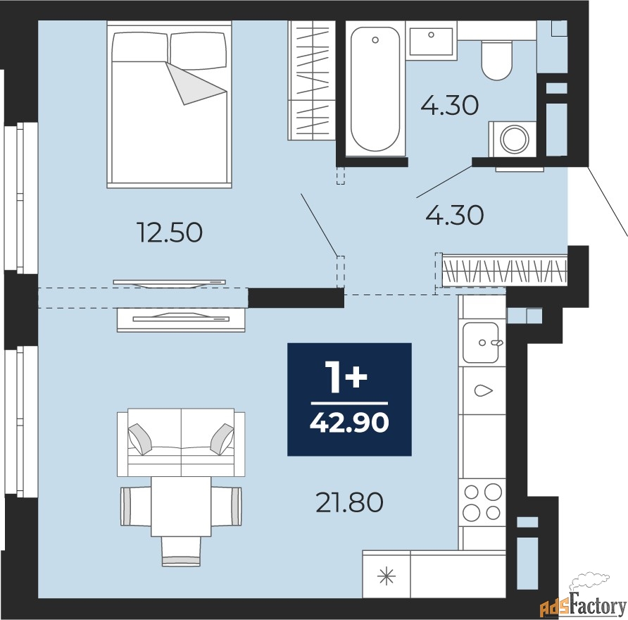 1 - комн. квартира, 48.7 м², 7/14 эт.