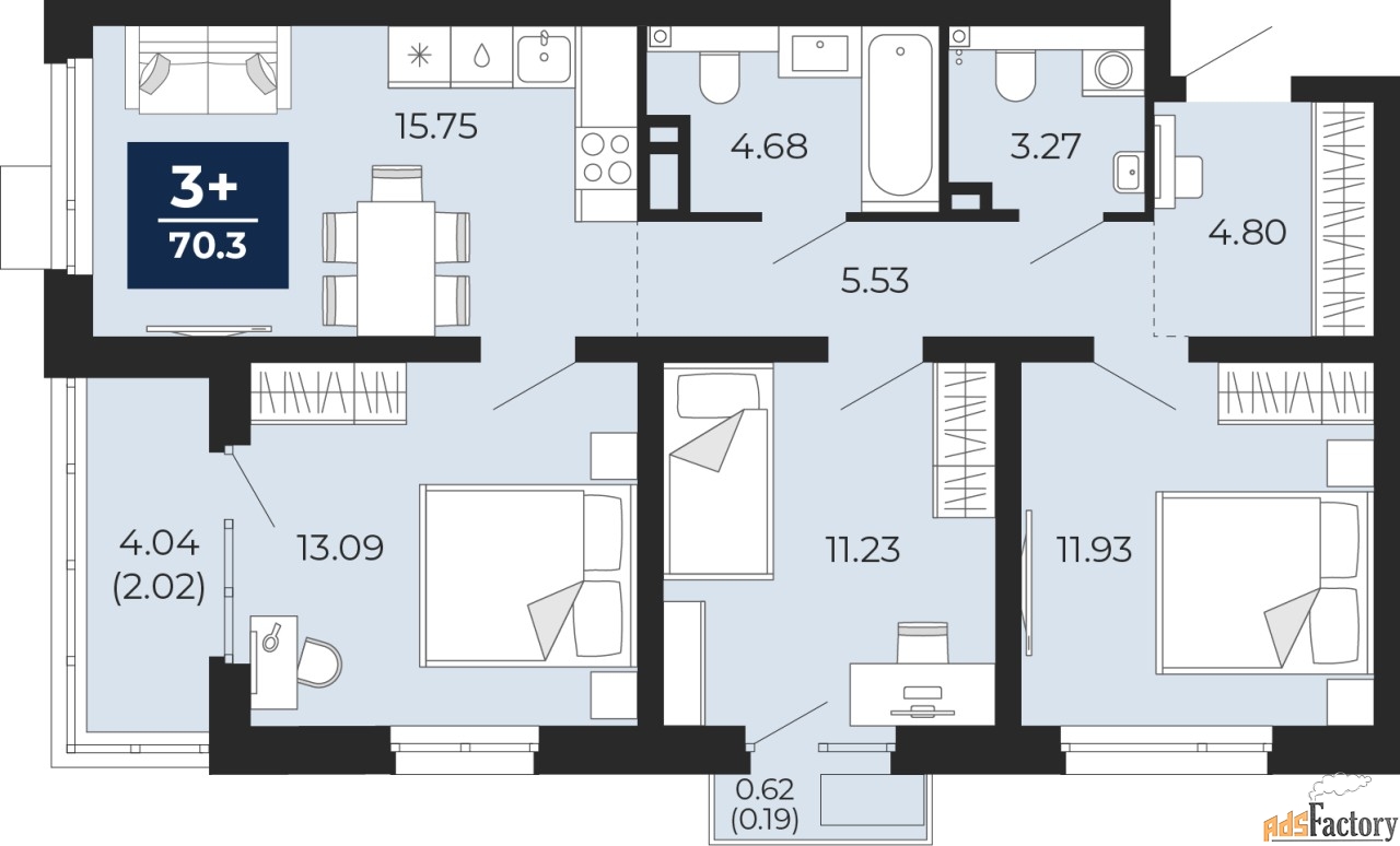 2 - комн. квартира, 65.88 м², 6/12 эт.
