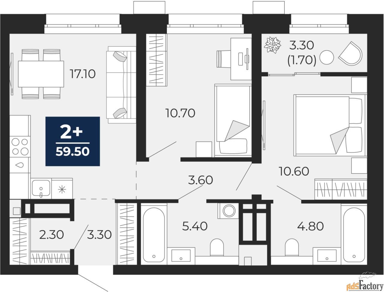 2 - комн. квартира, 63.84 м², 8/12 эт.