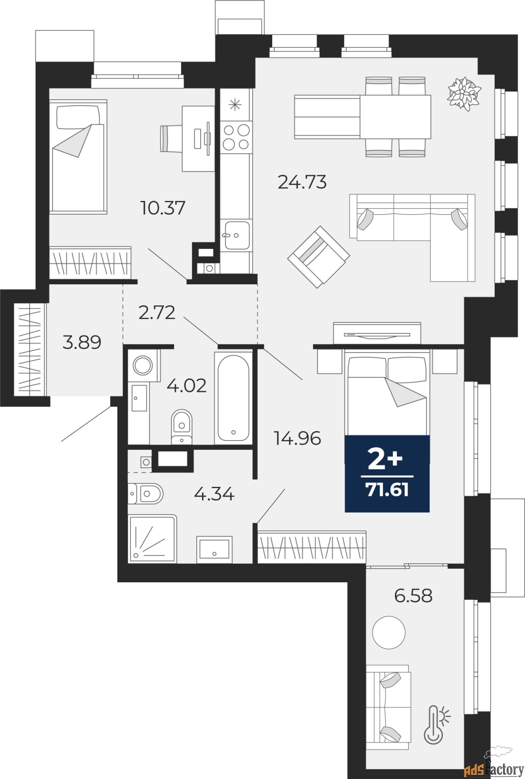 2 - комн. квартира, 57.8 м², 3/18 эт.