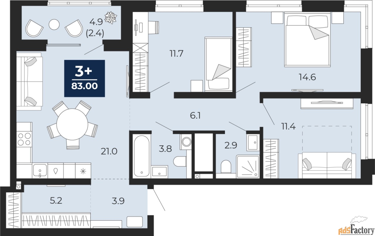 2 - комн. квартира, 69.79 м², 2/12 эт.