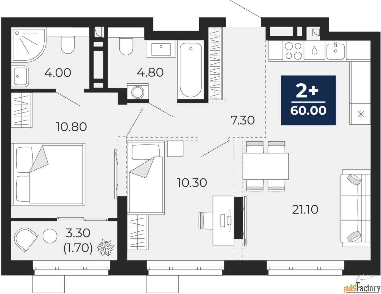 3 - комн. квартира, 102.67 м², 2/14 эт.