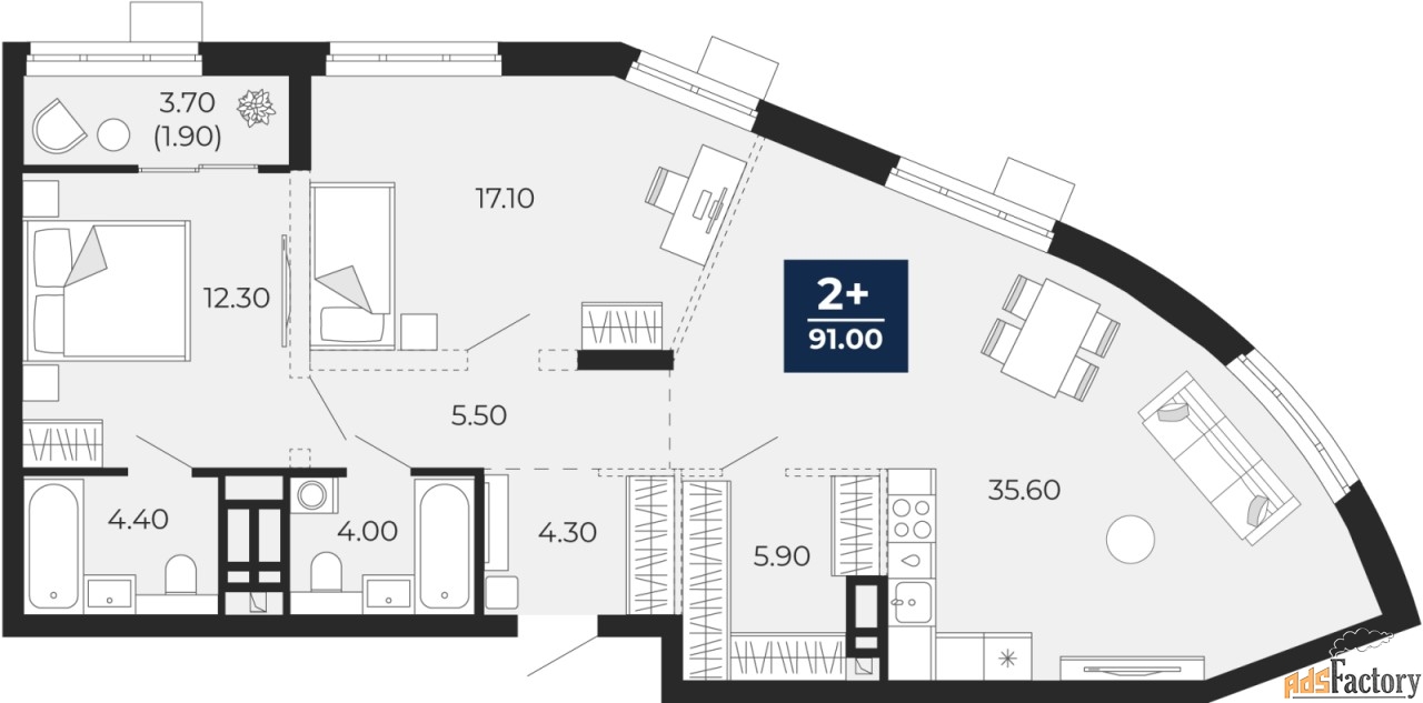 2 - комн. квартира, 91 м², 8/18 эт.