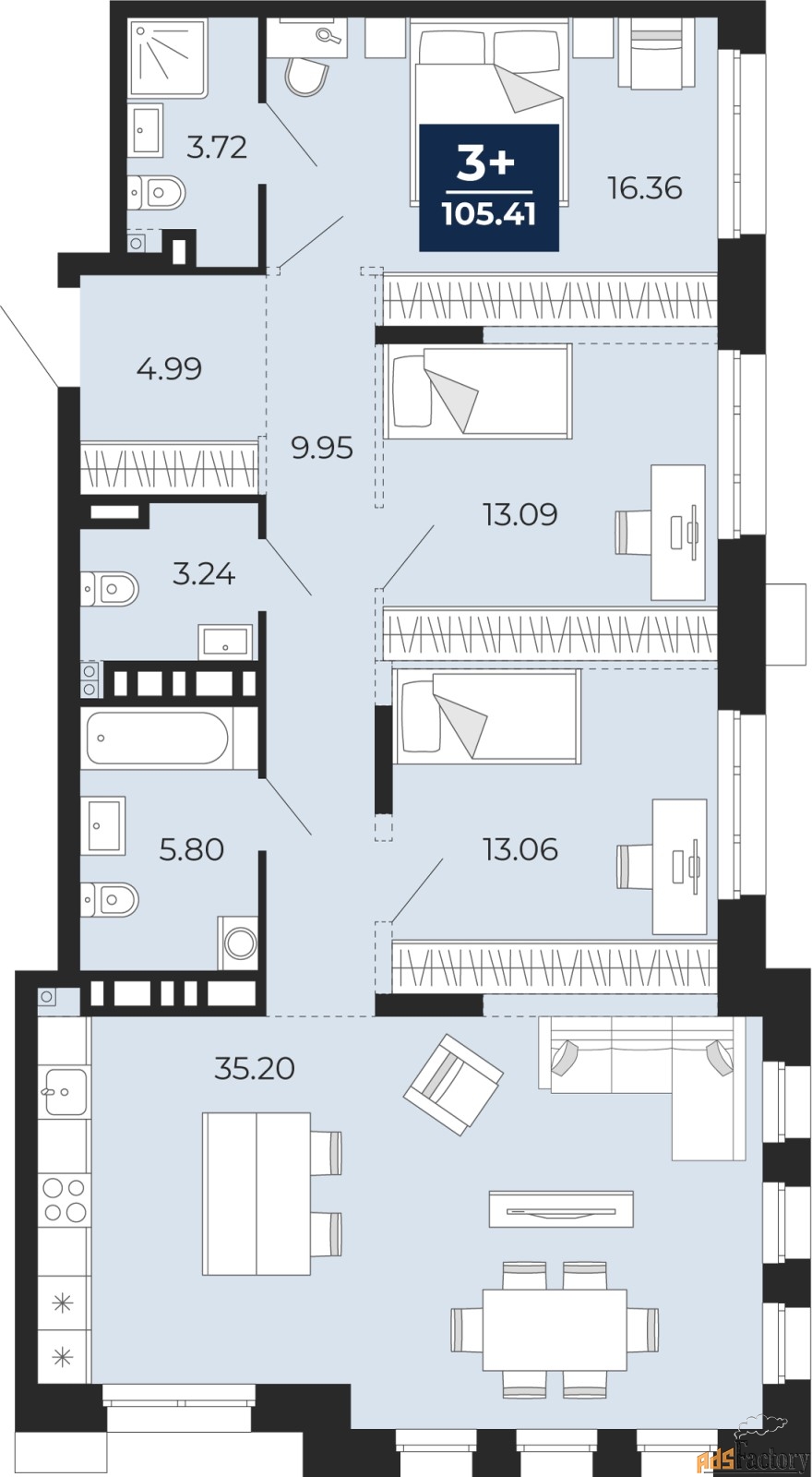 2 - комн. квартира, 89.51 м², 6/18 эт.