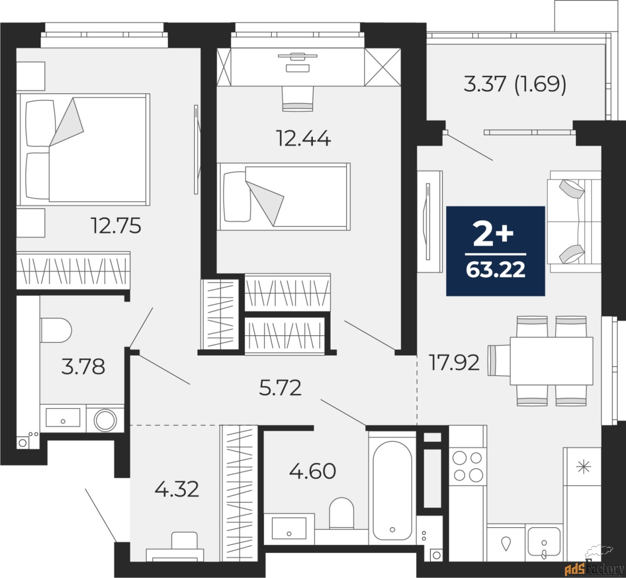 1 - комн. квартира, 34.1 м², 9/18 эт.