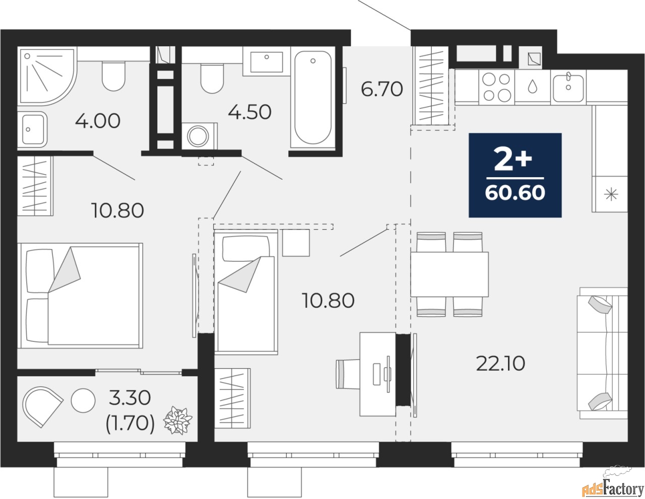 2 - комн. квартира, 73.58 м², 7/18 эт.