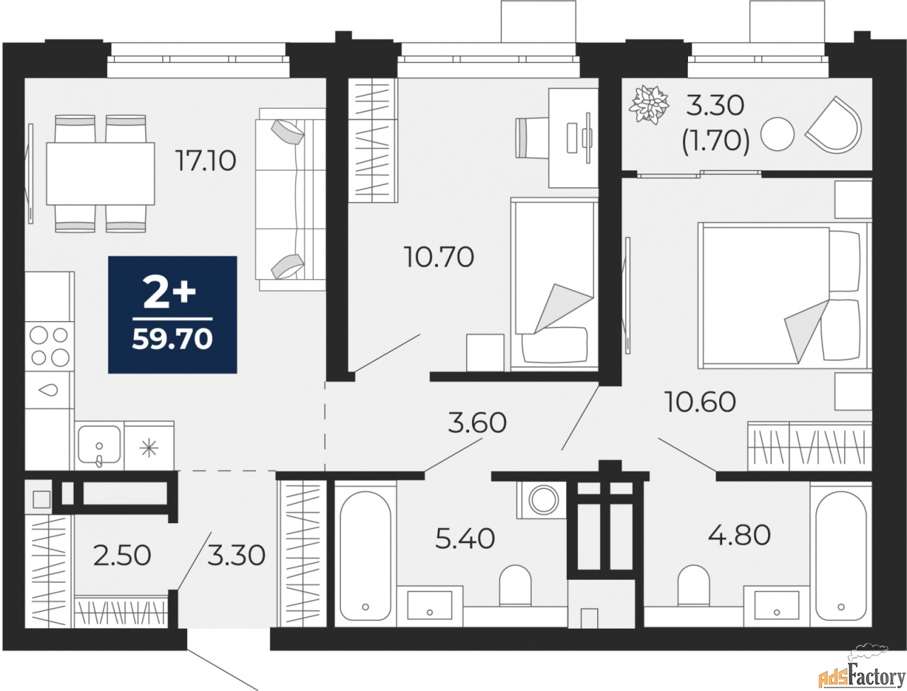 2 - комн. квартира, 59.7 м², 22/24 эт.