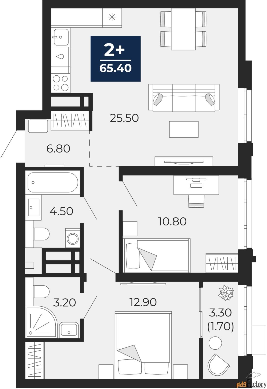 2 - комн. квартира, 76.38 м², 2/18 эт.