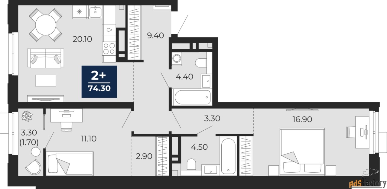 2 - комн. квартира, 74.2 м², 4/20 эт.