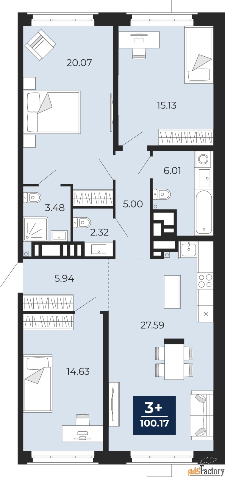 3 - комн. квартира, 105.41 м², 2/18 эт.