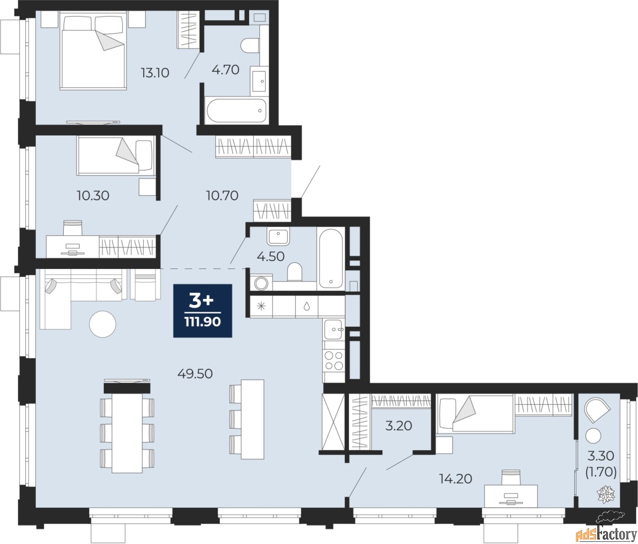 2 - комн. квартира, 89.51 м², 8/18 эт.