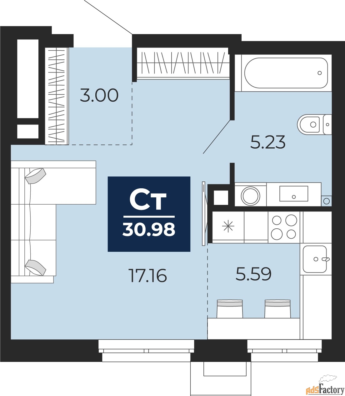 1 - комн. квартира, 30.98 м², 2/18 эт.