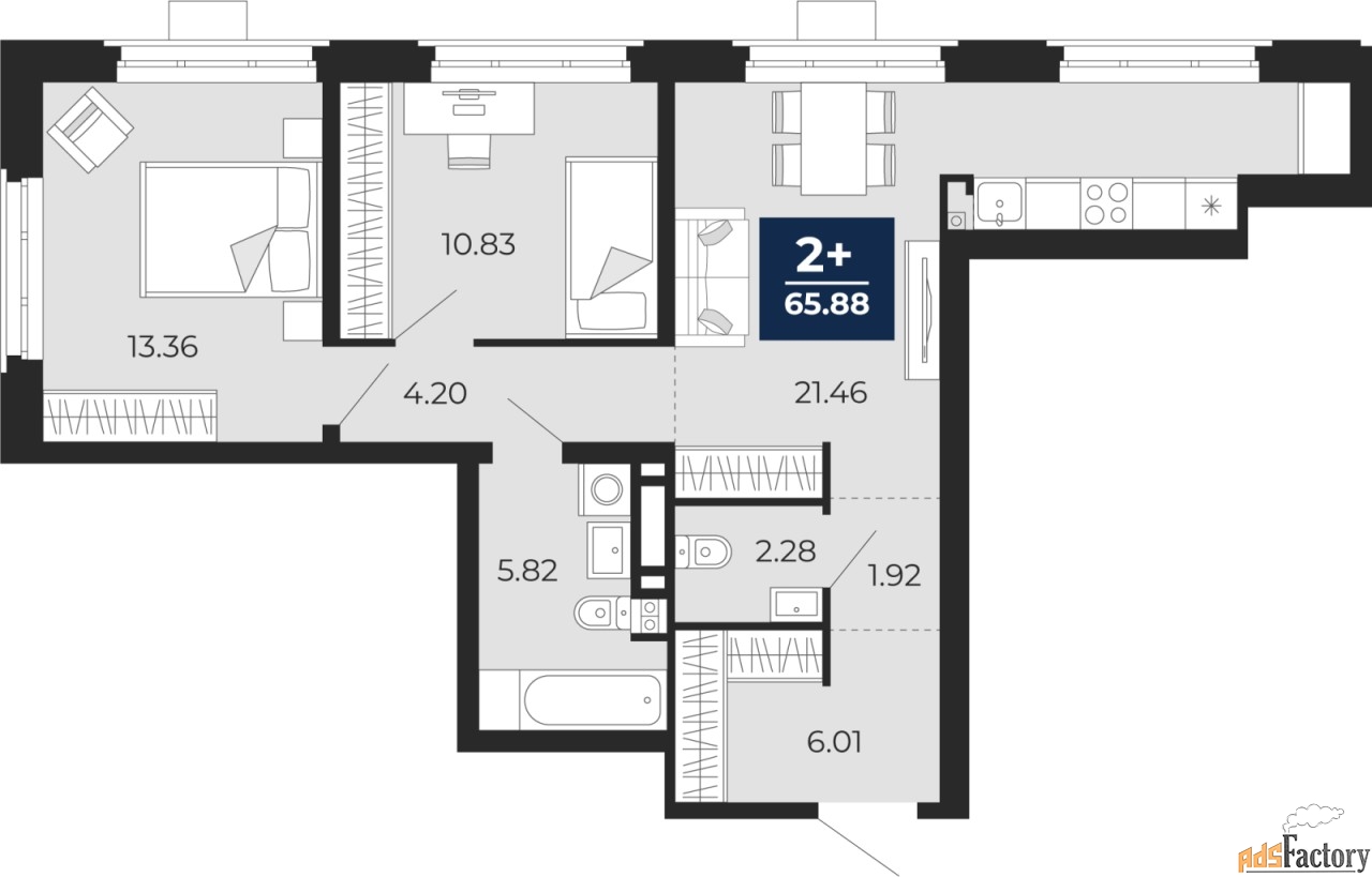 2 - комн. квартира, 65.88 м², 11/12 эт.