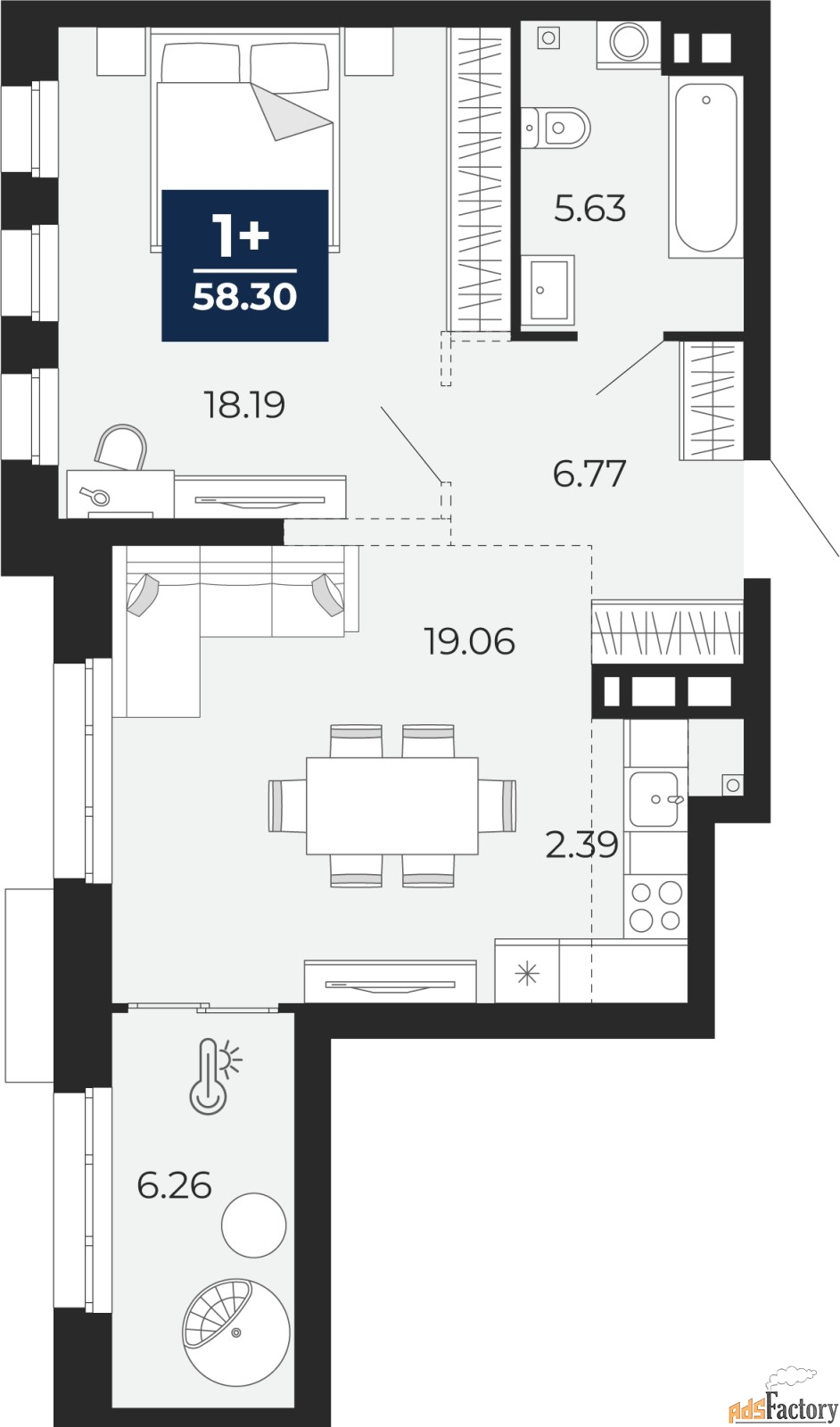2 - комн. квартира, 58.3 м², 2/18 эт.
