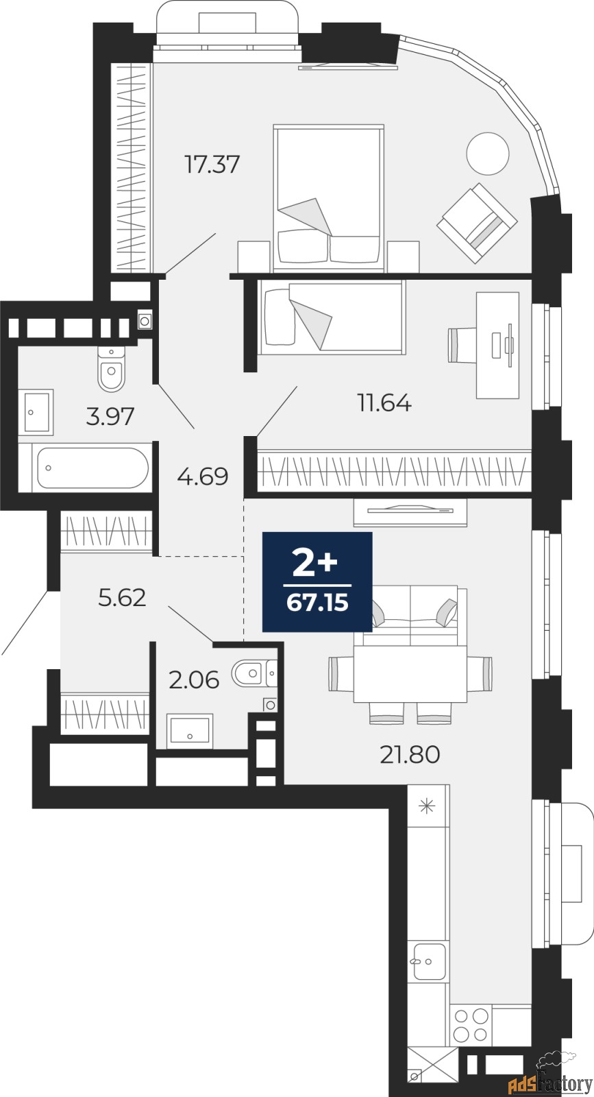 2 - комн. квартира, 67.15 м², 6/24 эт.
